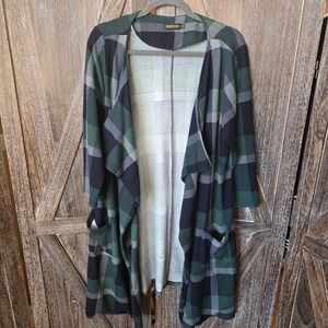 Reborn Sweater Women's Size 1X Blue Gray Green Plaid Open Long Pockets‎ Cardigan